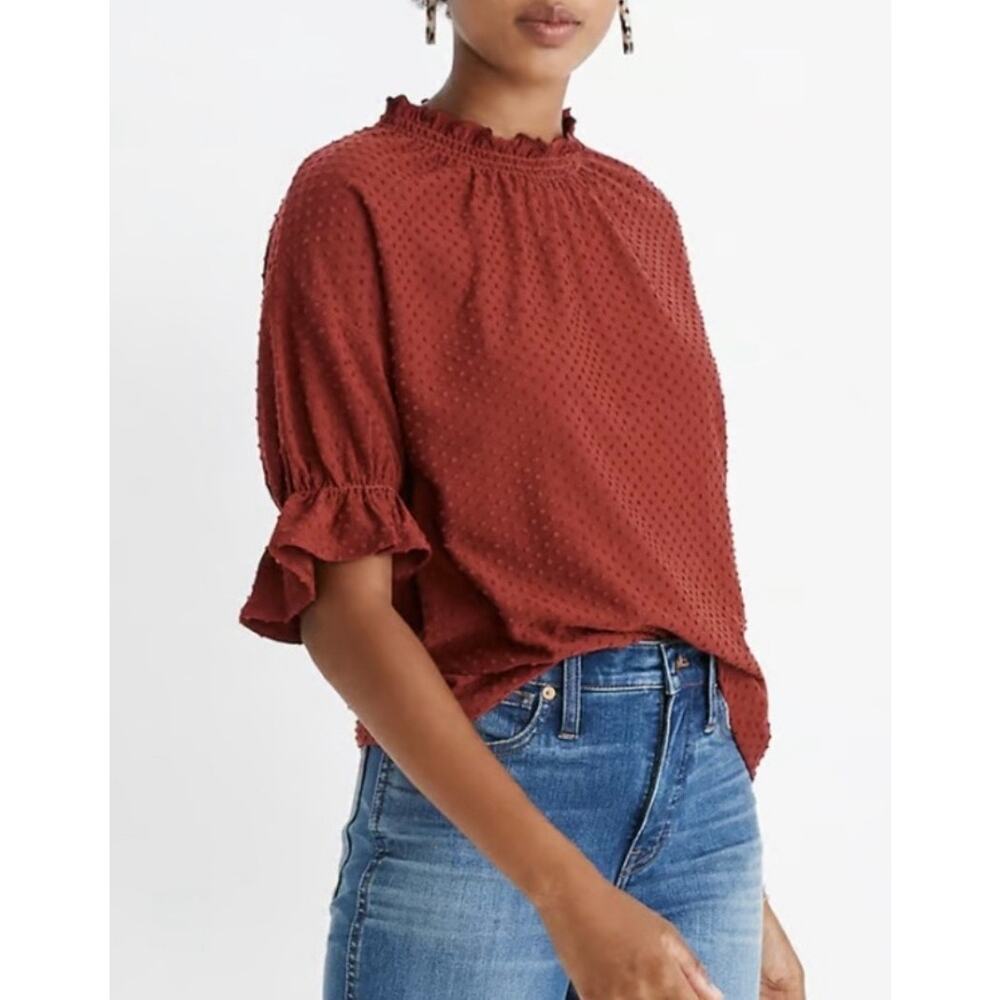 Madewell Texture & Thread Clip Dot Mock Neck Ruffle Sleeve Top Rust Red S